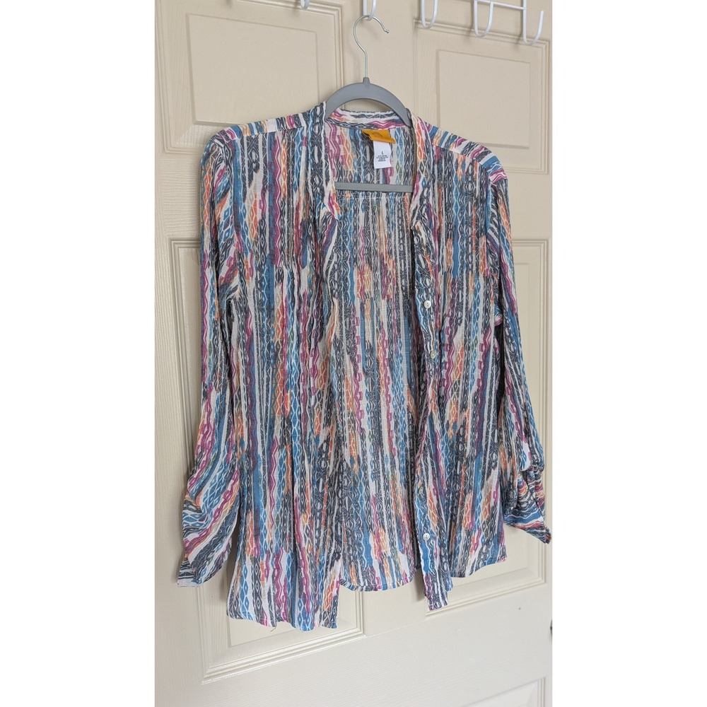 Ruby Rd Womens Large Ikat Stripe Button Up Roll Tab Sleeve Blouse Multi Color